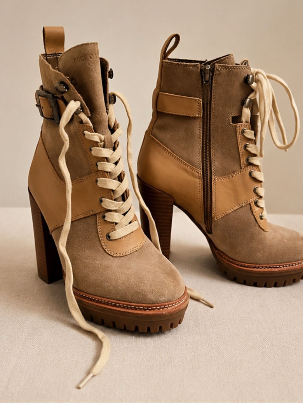 Vince Camuto Lace-Up Ankle Booties | Taupe & Brown | Size 7.5